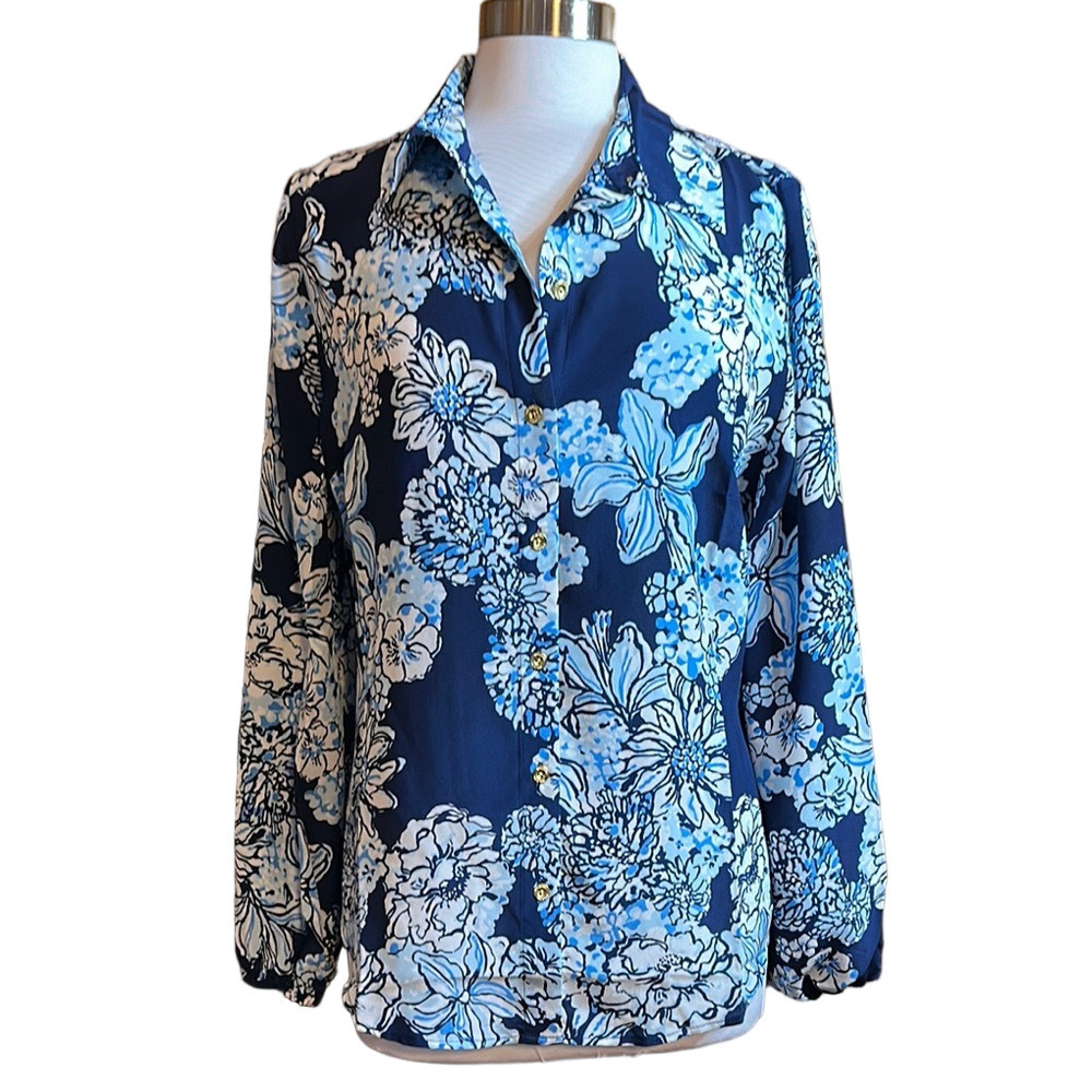Lilly Pulitzer Farren Low Tide Bouquet All Day Silk Blouse Navy Floral Size Larg